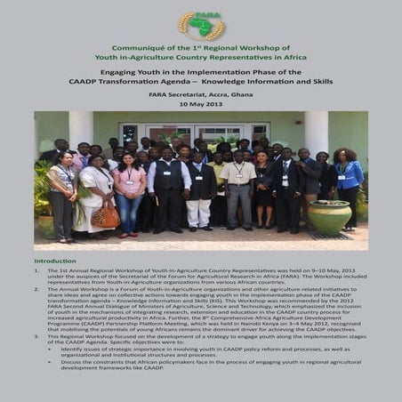 Communiqué of the 1st Regional Workshop of Youth in-Agriculture Country Representatives in Africa