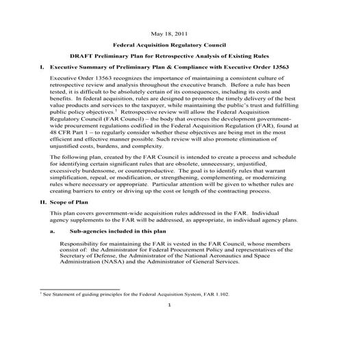 Federal Acquistion Regulation Preliminary Regulatory Reform Plan