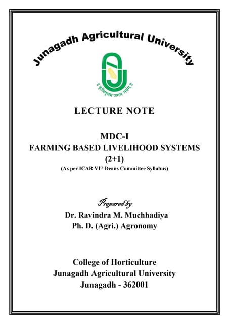 Lecture outline - Farm Based Livelihood Systems | DOCX