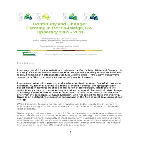 Continuity and Change in Agriculture in the Parish of Borrisoleigh