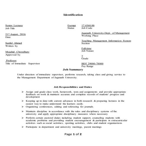 Job Description of a University Teacher