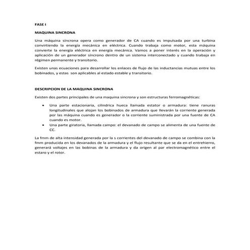 Fase I, Generador Sincrono - Sistemas de Potencia II 