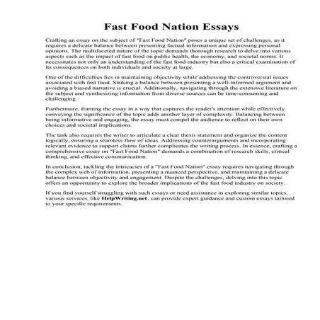 Fast Food Nation Essays. Essay Of Fast Food Nation - Fast Food Nation
