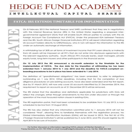 FATCA: IRS EXTENDS TIMETABLE FOR IMPLEMENTATION