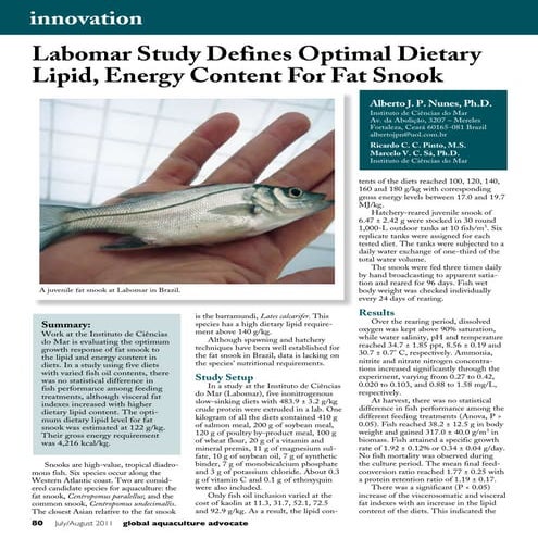 Optimal Dietary Lipid, Energy Content For Fat Snook