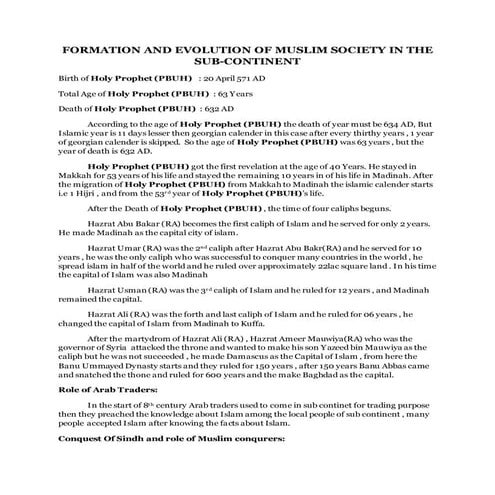 Formation and evolution of muslim society in the sub