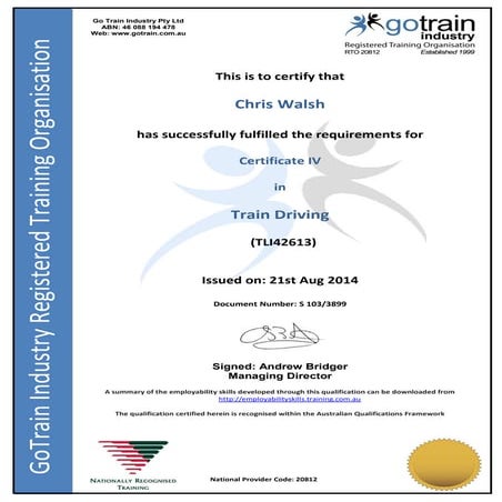 Walsh Chris 203021 Cert 4 train drivingCertificate | PDF