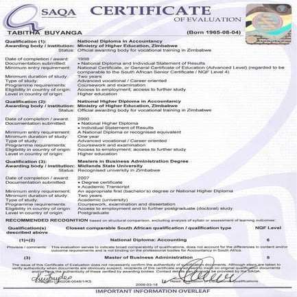 SAQA Certificate
