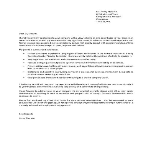 Cover letter - Henry Moraine