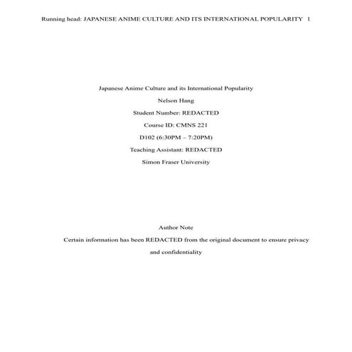 CMNS 221: Japanese Anime Culture and Its Popularity