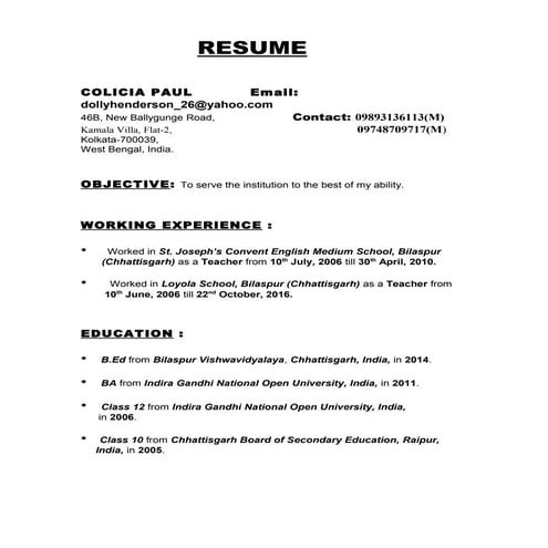COLICIA'S RESUME WITHOUT PHOTOGRAPH