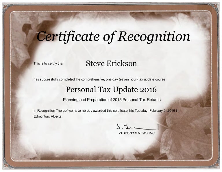 Certificate 2016 Personal Tax Update