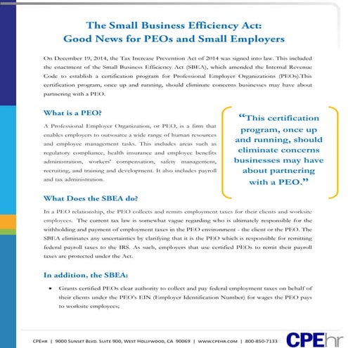 Small Business Efficiency Act: Good News for PEOs & Small Employers