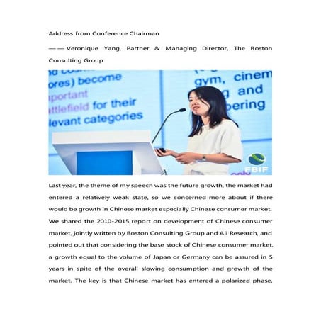 Address from Conference Chairman	 ——Veronique Yang, Partner & Managing Direct...