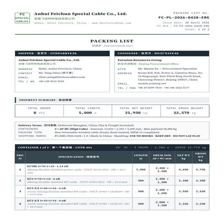 Comprehensive Packing List and Shipping Details for Feichun Special ...