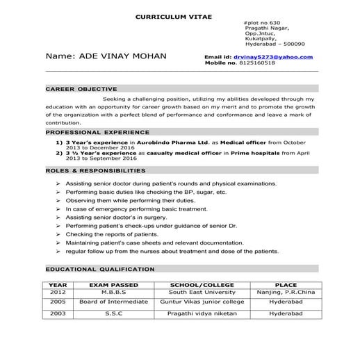 ade vinay mohan resume | DOC