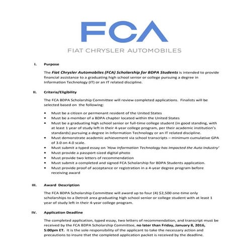 Fiat Chrysler Automobiles (FCA) Scholarship for BDPA Students