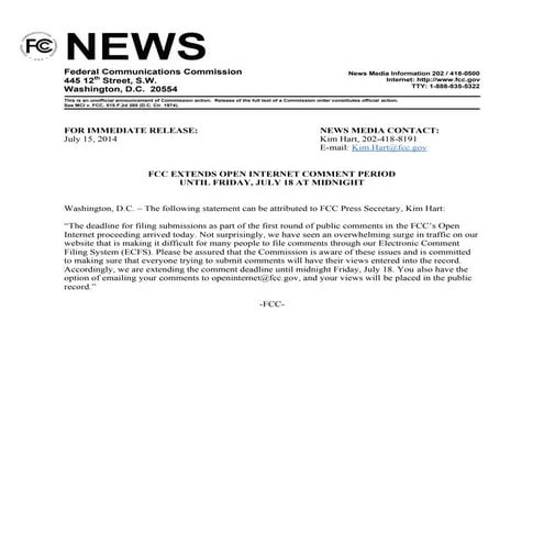 Fcc extends deadline net on neutrality feedback due to technical issues