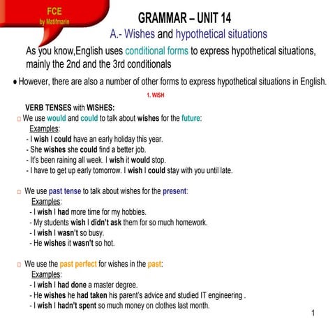 FCE  Unit 14 Grammar Contents: Wishes & Hypothetical Situations