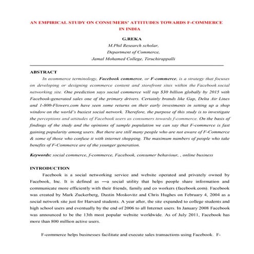 AN EMPIRICAL STUDY ON CONSUMERS’ ATTITUDES TOWARDS F-COMMERCE IN INDIA by G.Reka