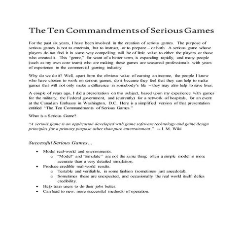 Ten Commandments of Serious Games