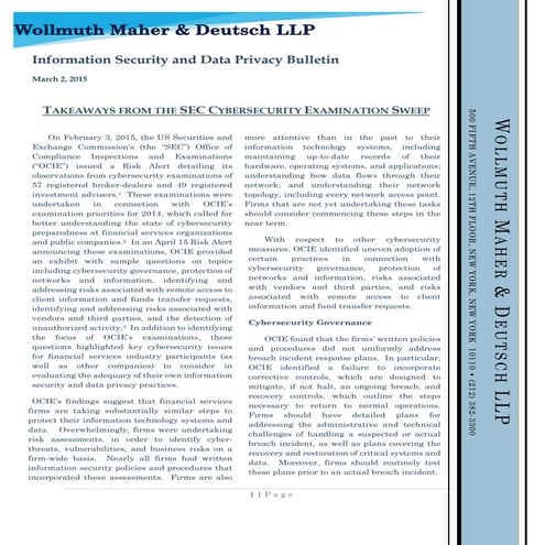 Wollmuth Maher & Deutsch LLP -Takeaways From The SEC Cybersecurity Examinatio...