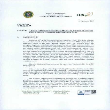 FDA Memorandum Circular: Adoption of Mexico City Principles | PDF