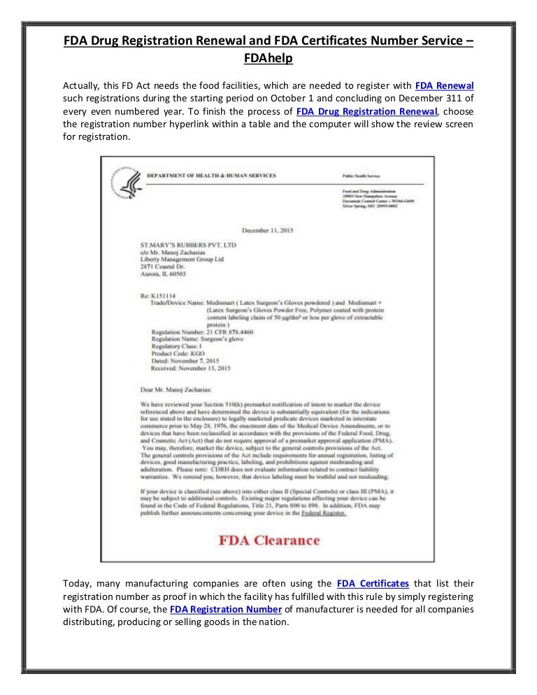FDA Drug Registration Renewal and FDA Certificates Number Service F…