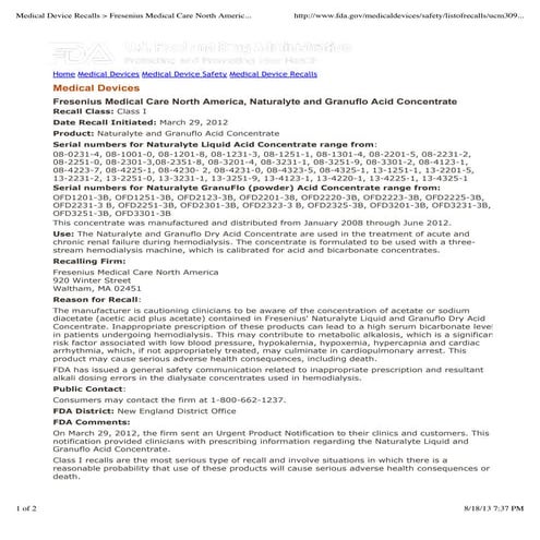 Fda recall of fresenius dialysis drugs granu flo and naturalyte 3 29-2012