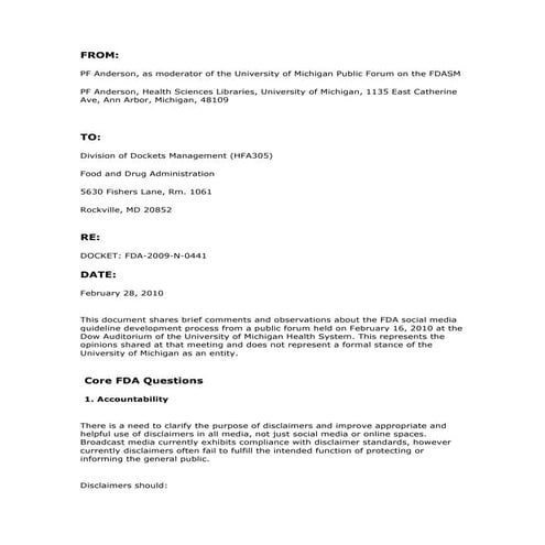 FDA-2009-N-0441 Docket Comments, University of Michigan Public Forum