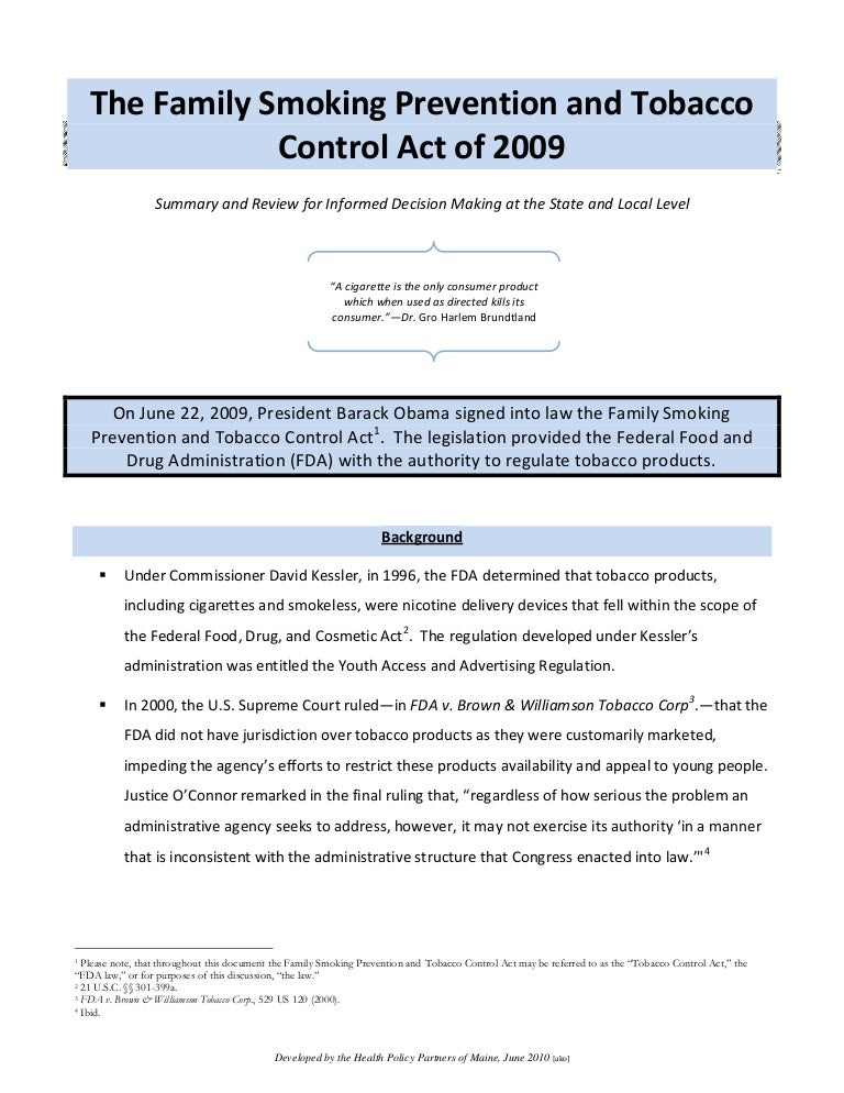 FDA Tobacco Control Act 2009 Summary Document, June 2010