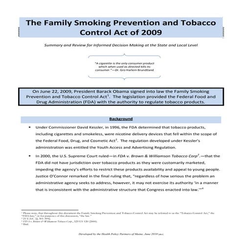 FDA Tobacco Control Act 2009 Summary Document, June 2010