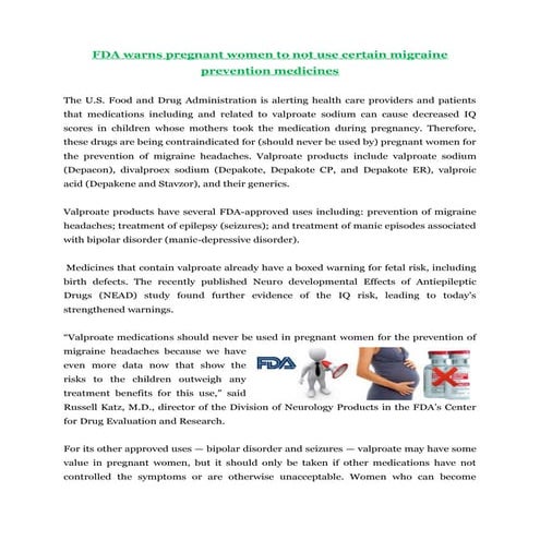 Fda warns pregnant women to not use certain migraine prevention medicines