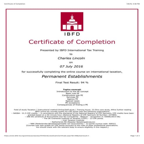 Business Profits Certificate of Completion | PDF