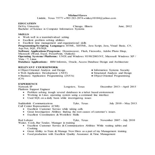 Michael T Eaves Resume