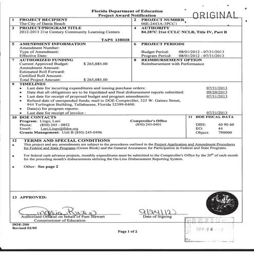 Florida Department of Education Project Award