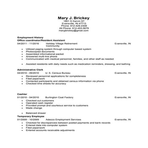 Mary J Brickey Resume