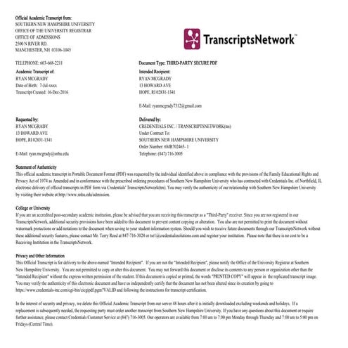 Ryan McGrady Transcripts SNHU 6MR7024651