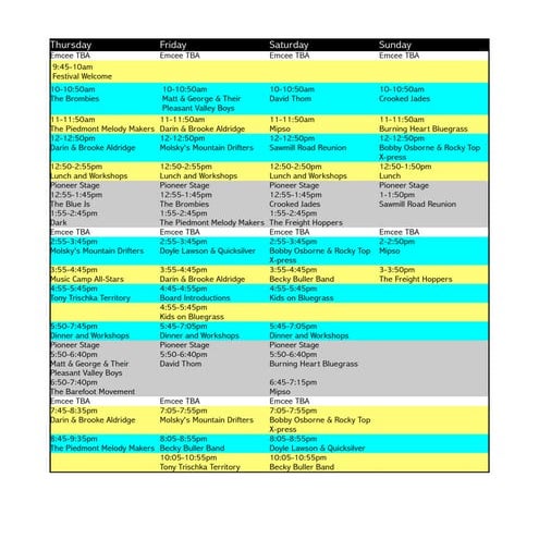 CBA Father's Day Bluegrass Festival 2017 Main and Pioneer Stage Schedule