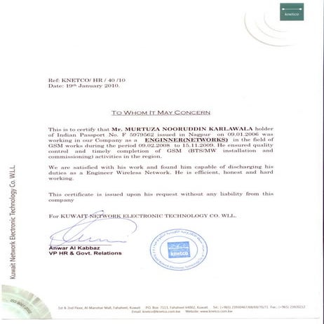 KNETCO EXPERIENCE CERTIFICATE