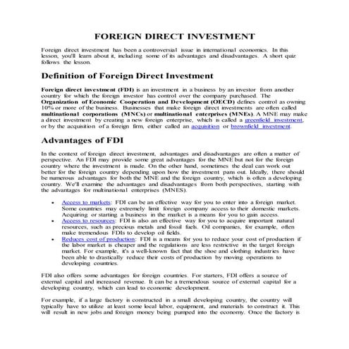 Foreign direct investment disadvantages | PPTX