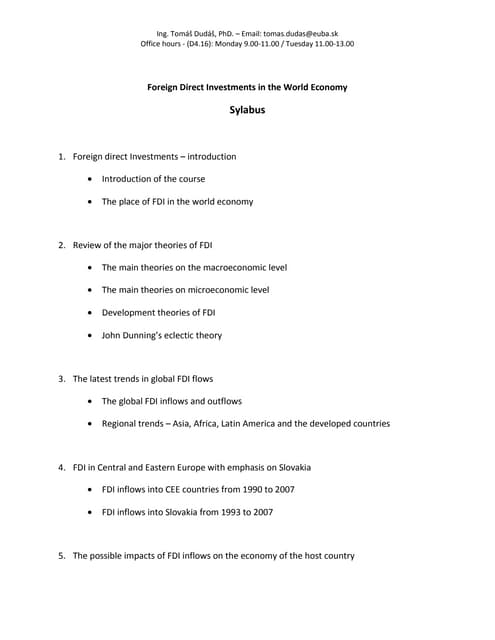 Foreign Direct Investment in the World Economy Syllabus; 2010