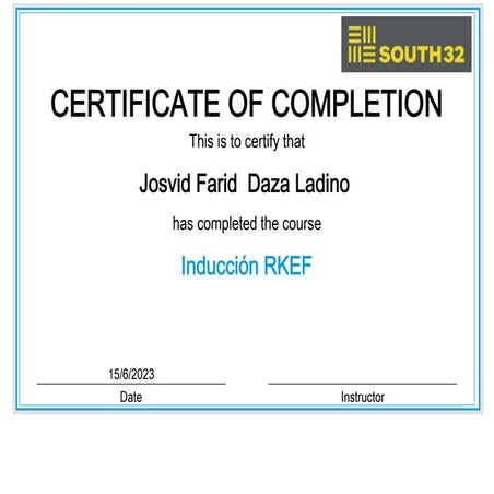 Certificate of Completion for Inducción RKEF Training Course | PDF
