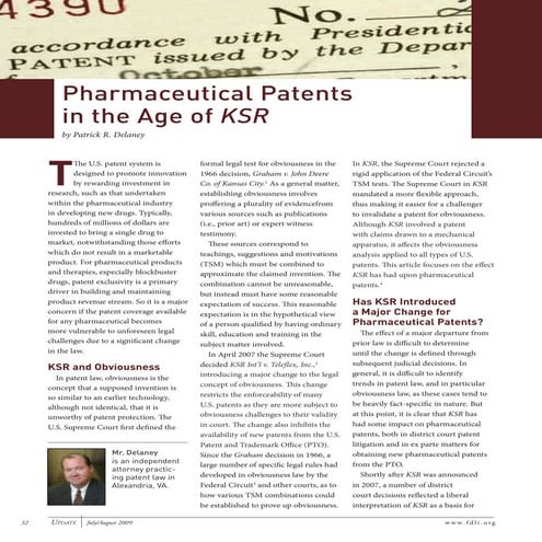 FDLI article on Supreme Court KSR decision and pharmaceutical patents