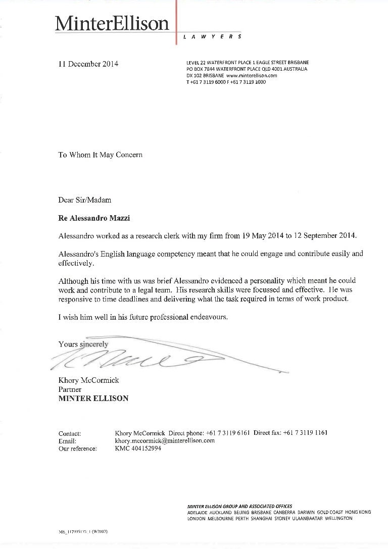 Letter Of Reference Alessandro Mazzi Minter Ellison
