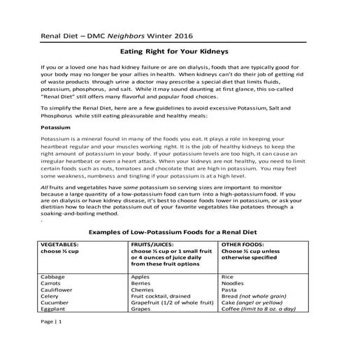 Renal Diet - Neighbors Winter 2016