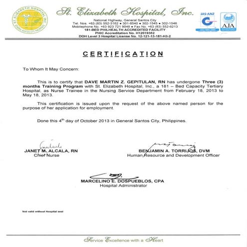 Nurse Certificate of Training