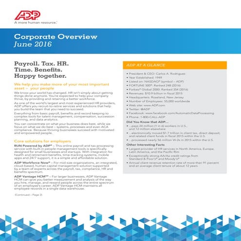 ADP Corporate Overview  Fact Sheet - Updated June 2016