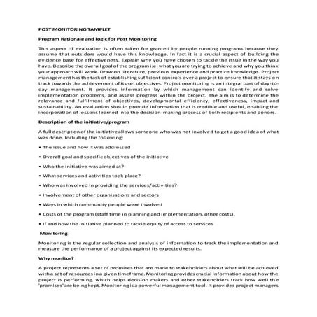 Program Rationale and Logic for Post Monitoring