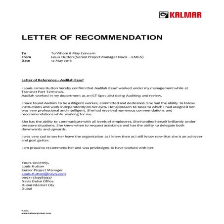 Letter of Recommendation - Aadilah Essuf | PDF